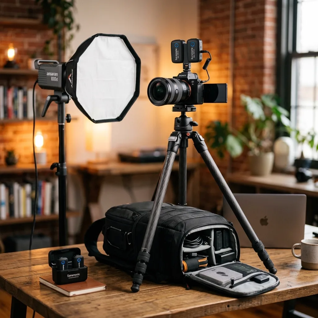 เซ็ตอุปกรณ์ Content Creator & Vlogger: รวม 4 ไอเทมขาตั้งคาร์บอน ไฟสตูดิโอ ไมค์ไร้สายคู่ และกระเป๋ากล้องกันน้ำ ถ่ายงานได้ทุกที่